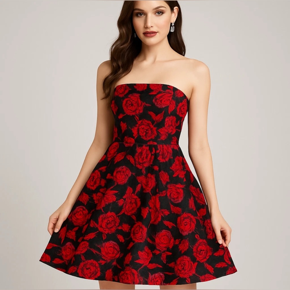 Eva Mendes Rose Print Jacquard Dress plus xxl red Black Fit & Flare Strapless
